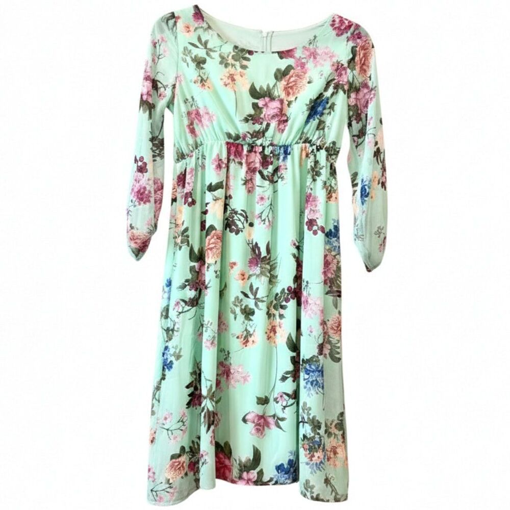 PinkBlush Maternity Medium Mint Floral Long Sleeve Knee Length Dress Cottagecore
